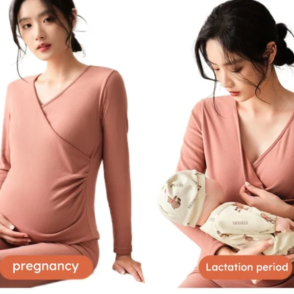 V Neck Long Sleeve Maternity Underwear Autumn Set Keep Warm Heated Thermal Suit Seamless Postpartum Nursing Clothes