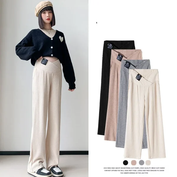 Pregnant Women Pants Knitted Wide Leg Pants Autumn Winter Plush Thickened New Straight Tube Drape Casual Maternity Clothes
