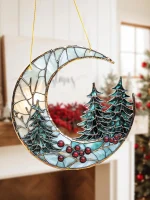 Christmas Acrylic Moon Ornament with Pine Trees & Red Berries, Art Hanging Decor, Festive Window & Xmas Tree Pendant Decorations - Imagine 4