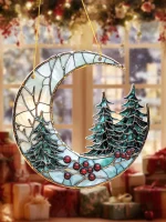 Christmas Acrylic Moon Ornament with Pine Trees & Red Berries, Art Hanging Decor, Festive Window & Xmas Tree Pendant Decorations - Imagine 2