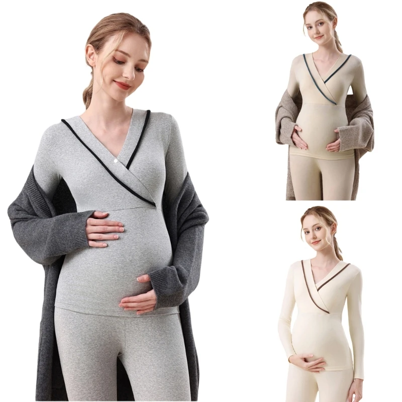 kf-S38e8eff6263c475f9afbfa2dcd67f5f40 Winter Warm Maternity Clothes Nursing Long Sleeve Pajamas For Pregnancy And Postpartum Comfort Soft Cotton Loungewear - Imagine 1
