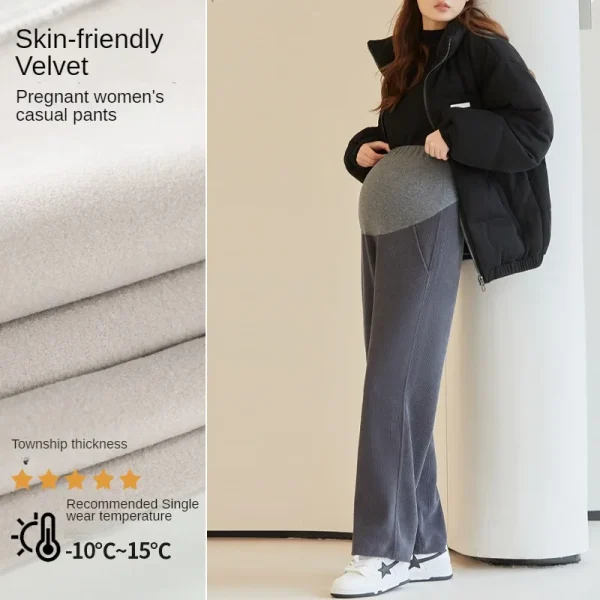 Quality Maternity Wide-Leg Pants Fall Winter Overbelly Support Loose Fleece-Lined Thick Maternity Casual Pants Pregnancy Clothes