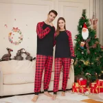 2024 new Christmas solid color plaid family home wear pajamas pajama pants 2 sets, mom, dad, children, baby and dog jumpsuit - Imagine 3