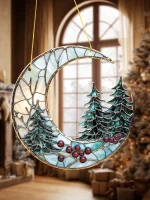 Christmas Acrylic Moon Ornament with Pine Trees & Red Berries, Art Hanging Decor, Festive Window & Xmas Tree Pendant Decorations - Imagine 3
