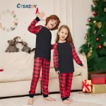 2024 new Christmas solid color plaid family home wear pajamas pajama pants 2 sets, mom, dad, children, baby and dog jumpsuit - Imagine 2