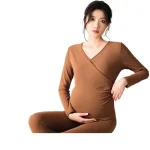 V Neck Long Sleeve Maternity Underwear Autumn Set Keep Warm Heated Thermal Suit Seamless Postpartum Nursing Clothes - Imagine 2