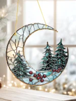 Christmas Acrylic Moon Ornament with Pine Trees & Red Berries, Art Hanging Decor, Festive Window & Xmas Tree Pendant Decorations