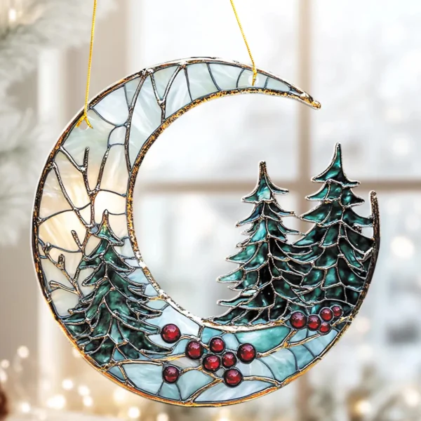 Christmas Acrylic Moon Ornament with Pine Trees & Red Berries, Art Hanging Decor, Festive Window & Xmas Tree Pendant Decorations