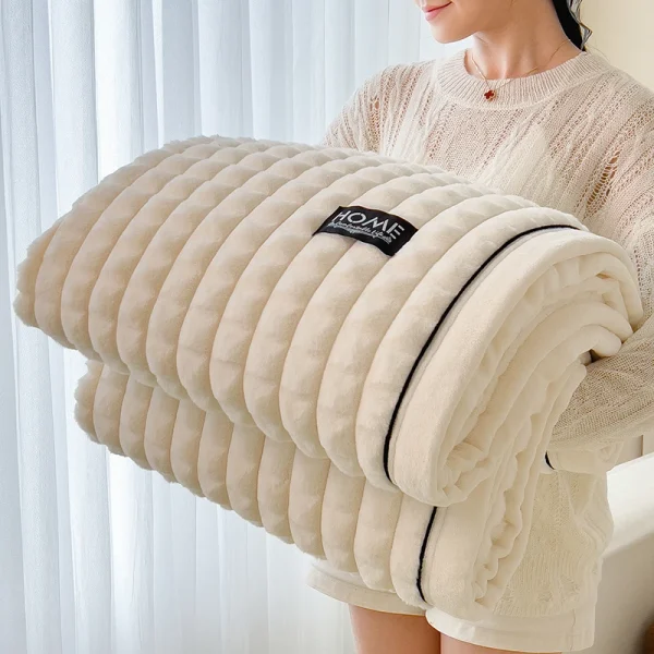 Luxury Double Layer Faux Rabbit Fur Throw Blanket Soft Warm White Striped Office Sofa Blankets and Pillow Cases Fluffy Bed Plaid