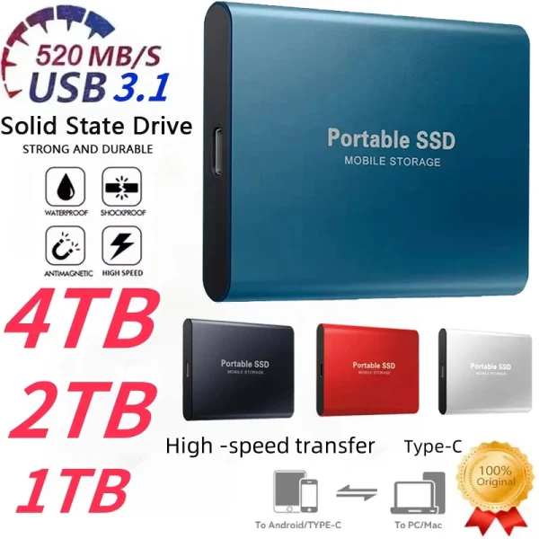 New 2TB 4TB Portable SSD High Speed Transfer Solid State Disk USB3.2 Type-C External Hard Drive Storage Disks for PC Notebook