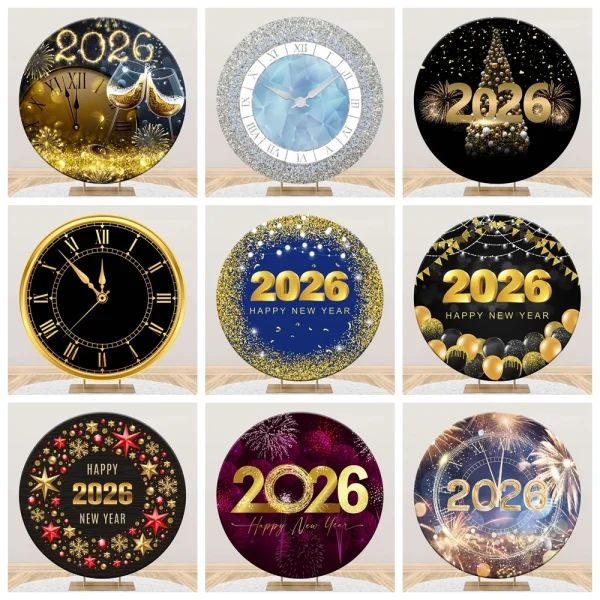 2026 Happy New Year Round Backdrop Cover Spring Festival Firework Clock Family Party Kids Adults Portrait Photography Background