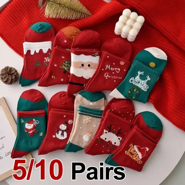 5/10 Pairs Neutral Christmas Printed Cotton Socks Warm Comfortable Autumn Winter Cute Snowman Elk Pattern Christmas Gift Socks