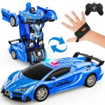 Remote Control Cars Police Car Toy Gesture Sensing with LED Light, 2.4GHz One Button Transformation Robot RC Cars Gift for Kids