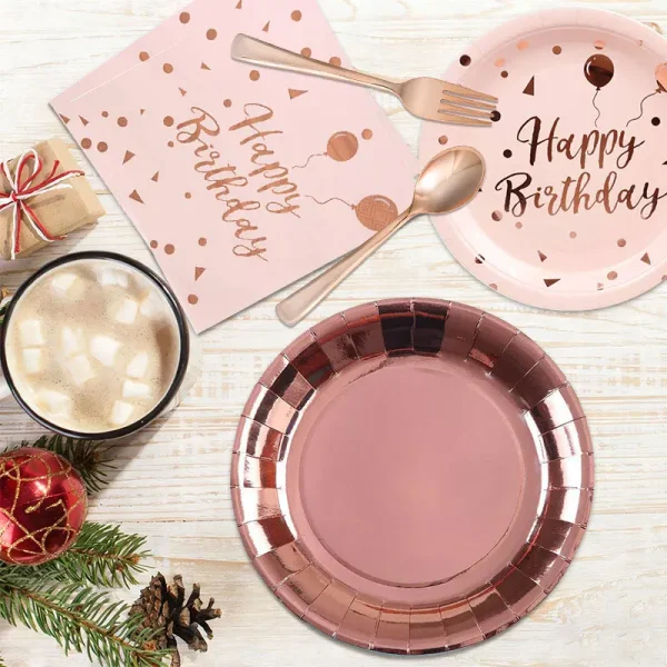 Rose Gold Party Decorations Plate Napkin Cup Paper Tableware Background Balloons Girls Wedding Birthday Decor Supplies Full Set
