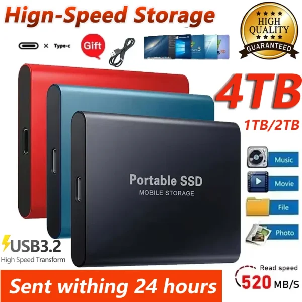 Portable SSD Drive 1TB High Speed Hard Drive External Hard Disk Type-C/USB 3.1 Original Storage Device for Laptop/PC/Phone/Mac