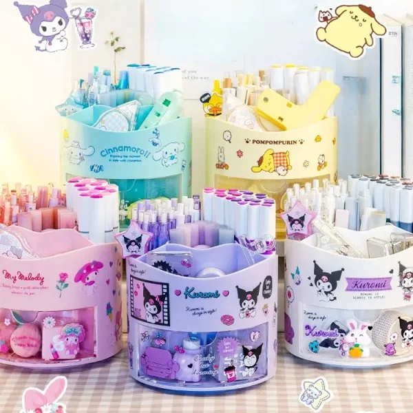 Sanrio Swivel Pen Holder Storage Box Anime Black Rice Cinnamon Roll Kawaii Desk Organizer Stickers Stationery Cosmetics Storage