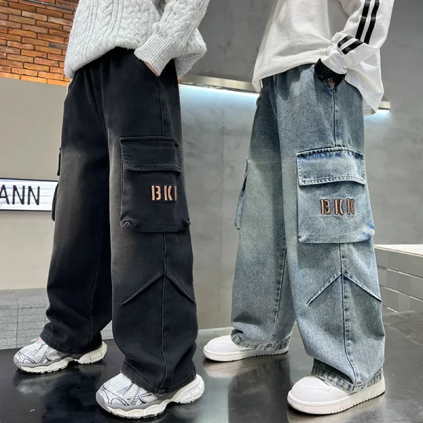 personalized workwear jeans Spring and Autumn 2025 Spring and Autumn New Straight Pants Boys Wide Legs Handsome Trendy 5-15 yea
