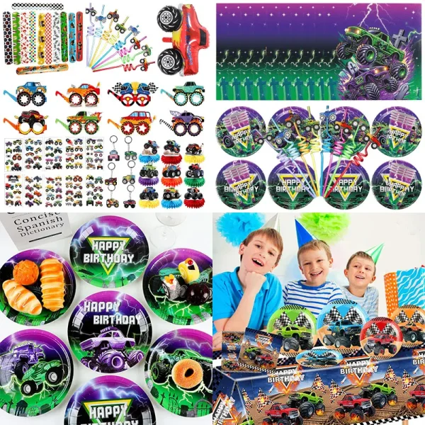 HOT Monster Truck Birthday Decoration Set Monster Truck Birthday Theme Balloons Plates Cups Backdrop Kids Party Favor Supplies