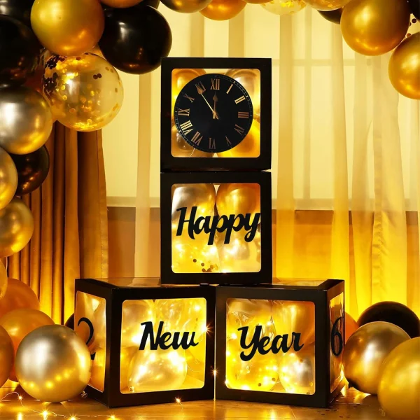1set Happy New Year 2026 Black Transparent Balloon Box NEW year Party Decoration Kids Adults Party Anniversary Decor 2026 gift