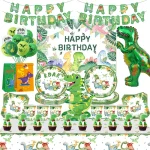 Dinosaur Birthday Party Decoration Paper Tableware Set Cups Plates Tablecoth Theme Balloons Happy Backdrop Supplies For Kids Boy