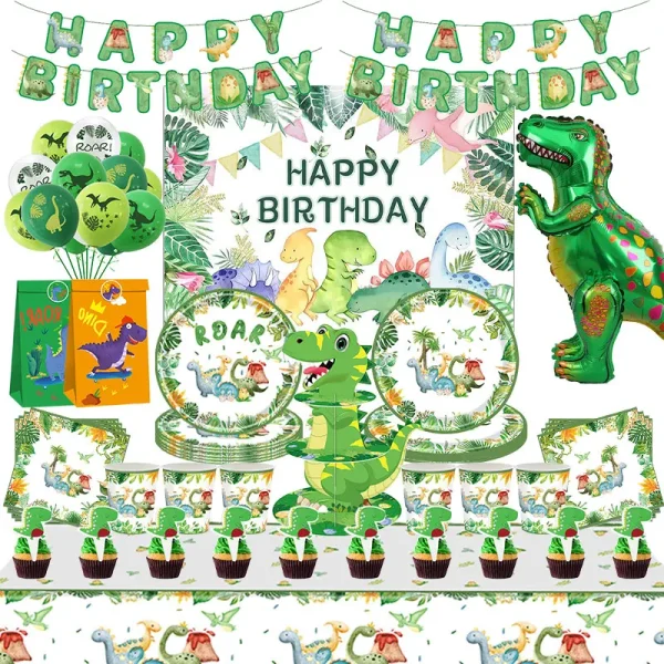 Dinosaur Birthday Party Decoration Paper Tableware Set Cups Plates Tablecoth Theme Balloons Happy Backdrop Supplies For Kids Boy