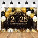 2026 New Year Backgrounds for Photographs Gold Glitter Balloons Clock Champagne Happy New Year Party Decoration Backdrop Banner - Imagine 3
