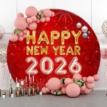 2026 Happy New Year Round Backdrop Cover Spring Festival Firework Clock Family Party Kids Adults Portrait Photography Background - Imagine 5