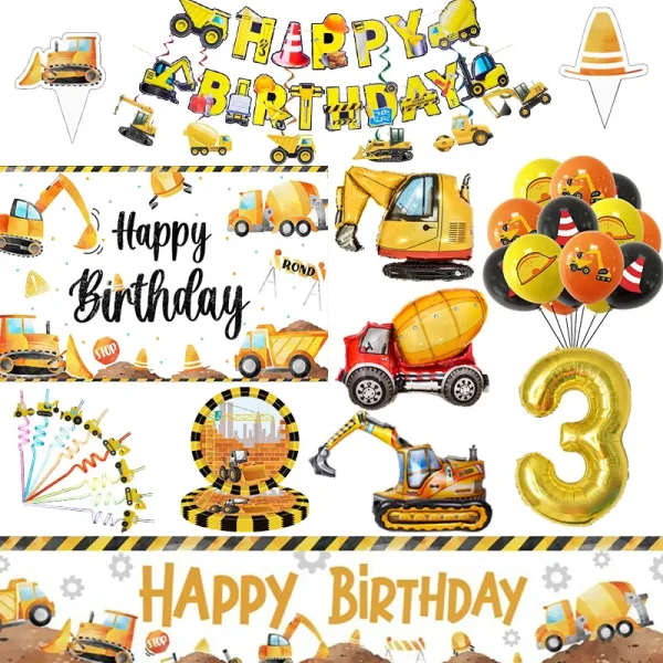 Construction Birthday Party Decorations Party Supplies Tableware Set Tablecloth Backdrop Yellow Balloons Kids Birthday Favors