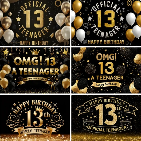Black Gold Teenagers Birthday Photography Backdrop Star Boy 13th Birthday Party Decor Background Cake Smash Props Photo Studio