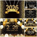 2026 New Year Backgrounds for Photographs Gold Glitter Balloons Clock Champagne Happy New Year Party Decoration Backdrop Banner