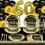 60th Birthday Party Black Golden Disposable Tableware Paper Plates Cups Napkins Tablecloth Balloon Adult Birthday Party Decor