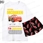 2026 2PCS The Cars Lightning McQueen&SALLY Summer T-Shirt With Pajama Shorts Oversized Suit For Adult/Kids Couple Outfit Suit - Imagine 2