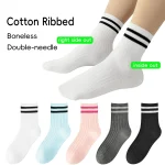 Kids Boys Girls Cotton Socks - Seamless Double Needle Ribbed 2-Stripe, Teens Students All Season School Home Sports Socks
