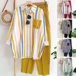 2Pcs/Set Shirt Pants Set Long Sleeve Casual Trendy Elastic Waist Breathable Polyester Stripes Blouse Pants Suit - Imagine 4