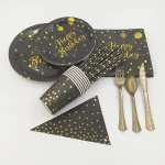 Black Gold Birthday Disposable Tableware Set Paper Plates Cups Napkins Tablecloth Suitable for Birthday Parties and Weddings. - Imagine 3