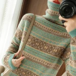 Autumn and Winter New 100% Wool Cashmere Sweater Women's High Neck Pullover Casual Knitted Loose Korean Fashion Color Block Top - Imagine 4