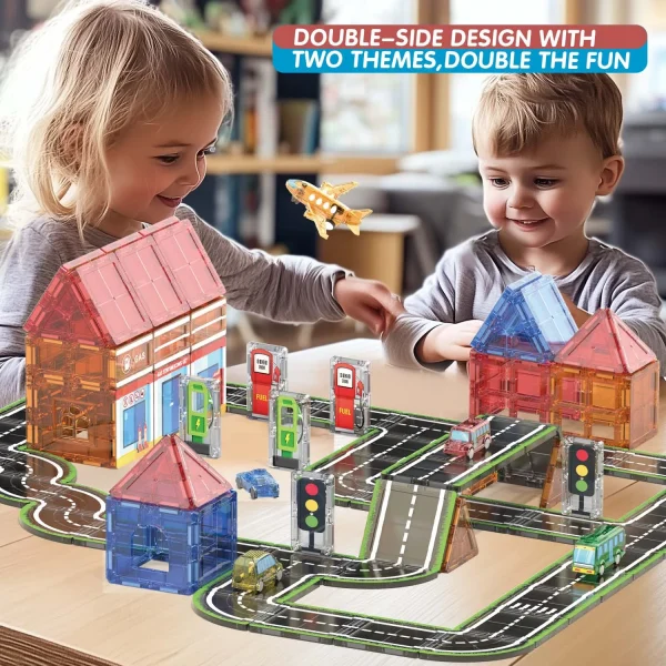Kid Magnetic Tiles Road Set Boy Toy Gas Station Magnetic Tiles Scene Construction Road Building Preschool Activities Sensory Toy