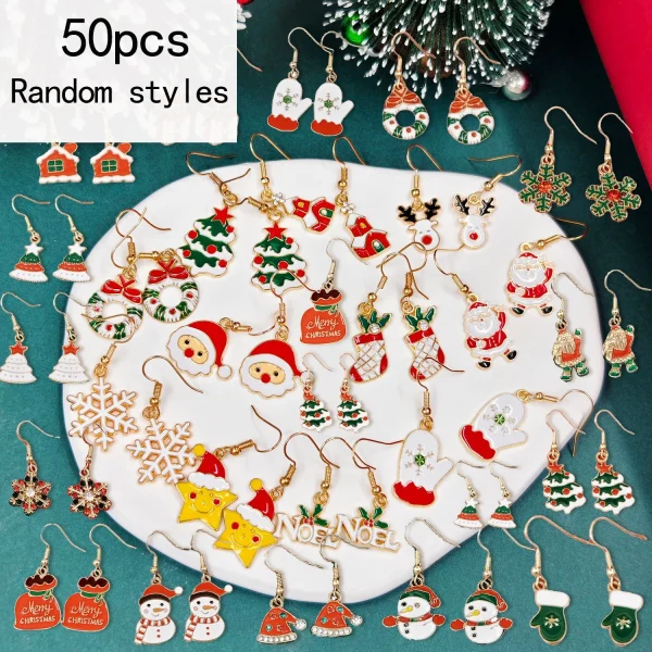 50pcs Christmas Party Random Style Earring Set Cute Alloy Oil Drop Christmas Tree Snowman Gift-giving Earring Combination