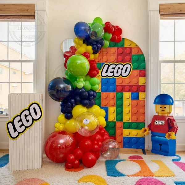131pcs Rainbow Lego Theme Balloon Set Suitable for Birthday Outdoor Park Picnic Anniversary Celebration Graduation Summer Party