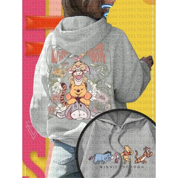 Disney Women's Hooded Sweatshirt - Winnie The Pooh and Friends Floral Print Winter Pullover Cute Character Design Daily Wear