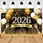 2026 New Year Backgrounds for Photographs Gold Glitter Balloons Clock Champagne Happy New Year Party Decoration Backdrop Banner - Imagine 4