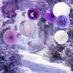10Pcs Lavender Purple Paper Lantern Party Supplies Set, Purple Butterfly Lilac Folding Fan Birthday Party Decoration, Tissue Pom Pom Flower Fan, Girl Decoration Supplies, Bride Wedding Birthday Party - Imagine 5