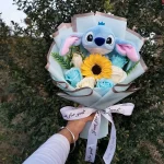 Hot Lilo Stitch Plush Doll Toys With Sunflower Rose Flower Bouquet Anime Stuffed Animals Home Decoration Valentine Christmas Gif - Imagine 3