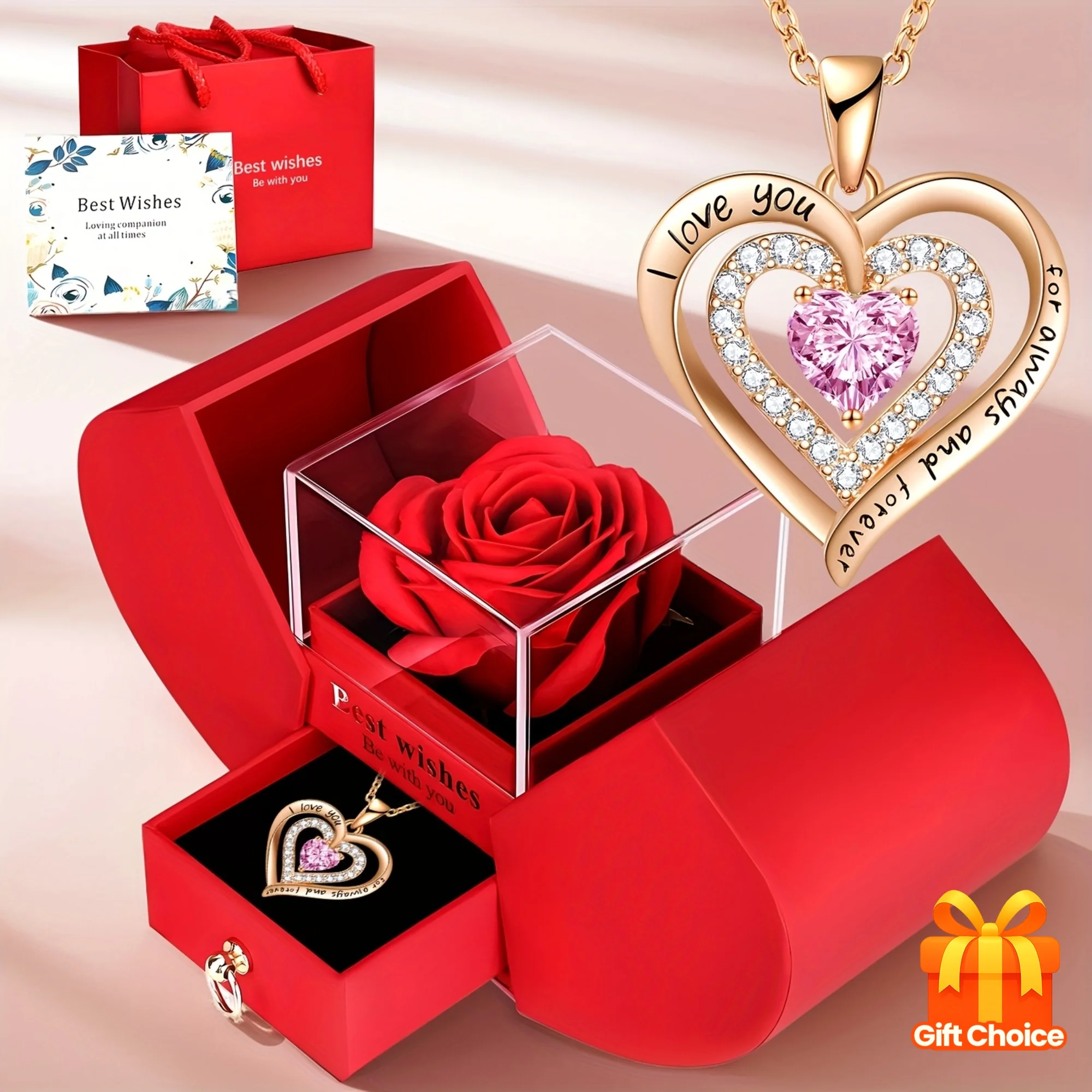 kf-S510dc3dba1544e4f9e9d17a82ddc4589j Exquisite Pink Heart Necklace withRed Rose Gift Box for Wife,Mother's Day Present,Valentine's Date Souvenir,Anniversary Keepsake - Imagine 1