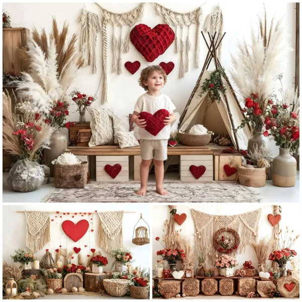 Boho Style Valentine's Day Decoration Photography Backdrop Indoor Romantic Love Flowers Proposal Scene Portrait Photo Background