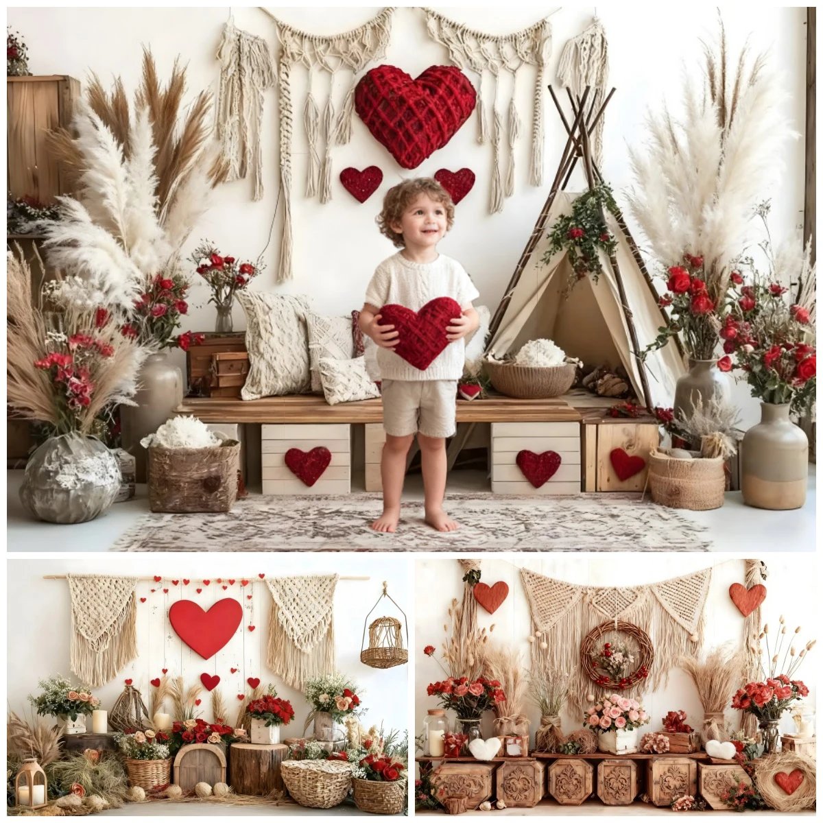 kf-S5131119bfda94b258e5964c0902b20515 Boho Style Valentine's Day Decoration Photography Backdrop Indoor Romantic Love Flowers Proposal Scene Portrait Photo Background - Imagine 1