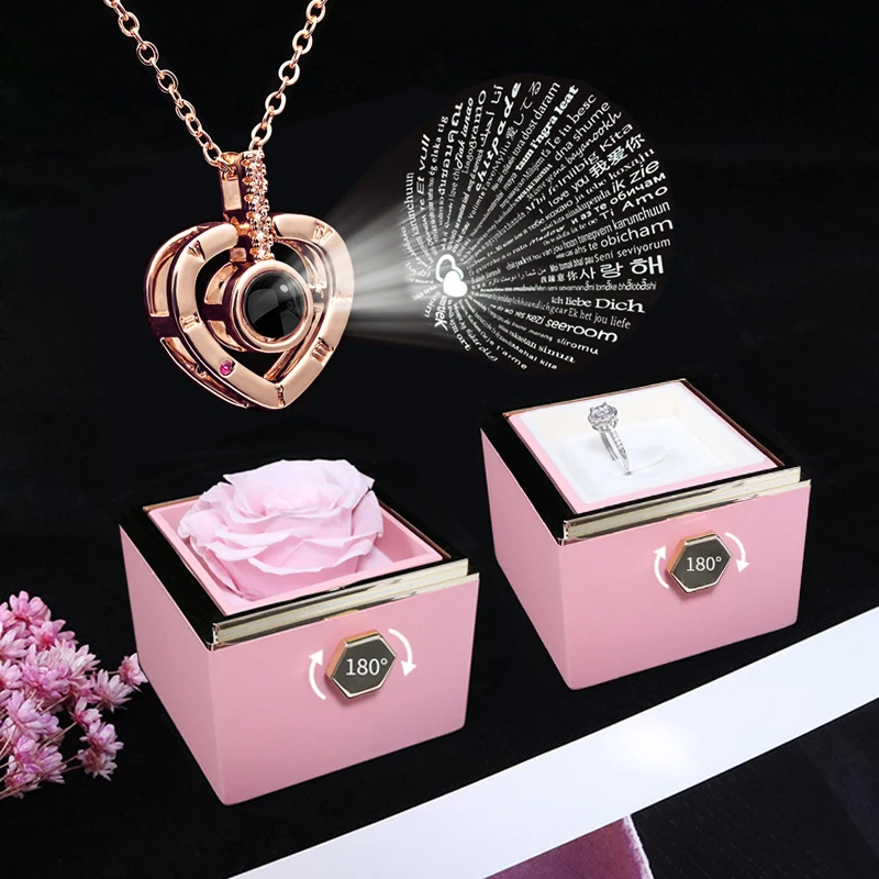 kf-S7bfcf0a4f11c4e4ba7265d525a8d9e7eW 100 Languages I Love You Projection Necklace With Rotating Rose Gift Box 2023 New Creativity Design Romantic Luxury Jewelry Set - Imagine 1