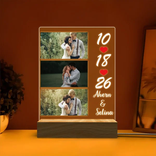 1PC Customized Photo and Text Wooden Base Acrylic Night Light,LED Warm Light Night Light, Valentine/Wedding/Birthday Gift