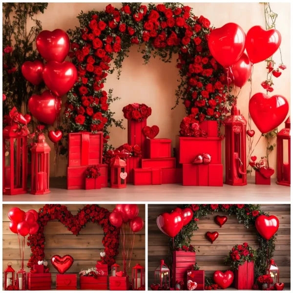 Valentine's Day Red Floral Arch Backdrop Heart Balloons Gifts Lanterns Decor For Couples Photography Studio Romantic Party Decor