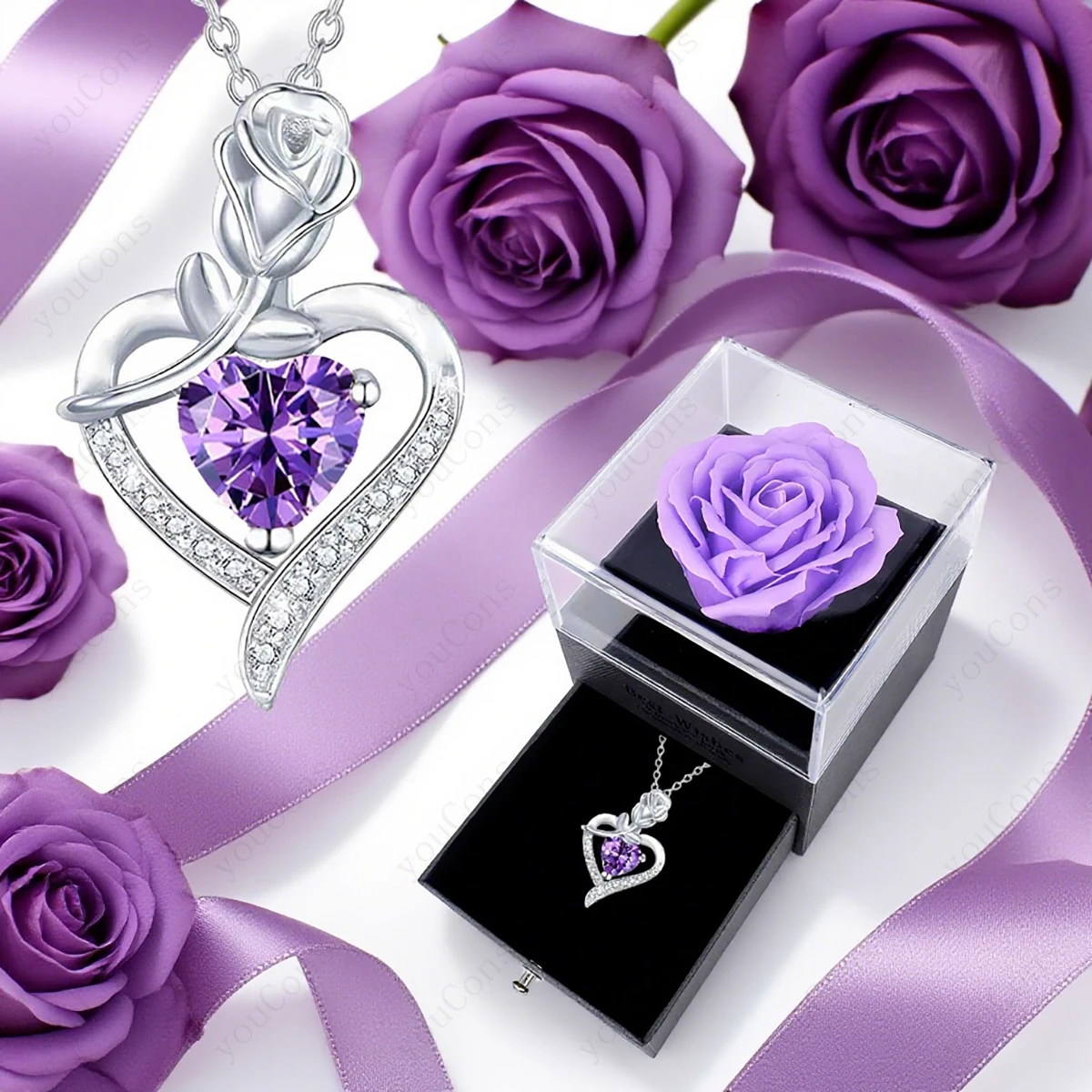 kf-Sb3e4dd40a518459fbd8a342ec796d067x Purple Zircon Heart Pendant Necklace With Rose Box 2025 New Jewelry Set For Mother Christmas Valentine Day Wife Birthday Gift - Imagine 1
